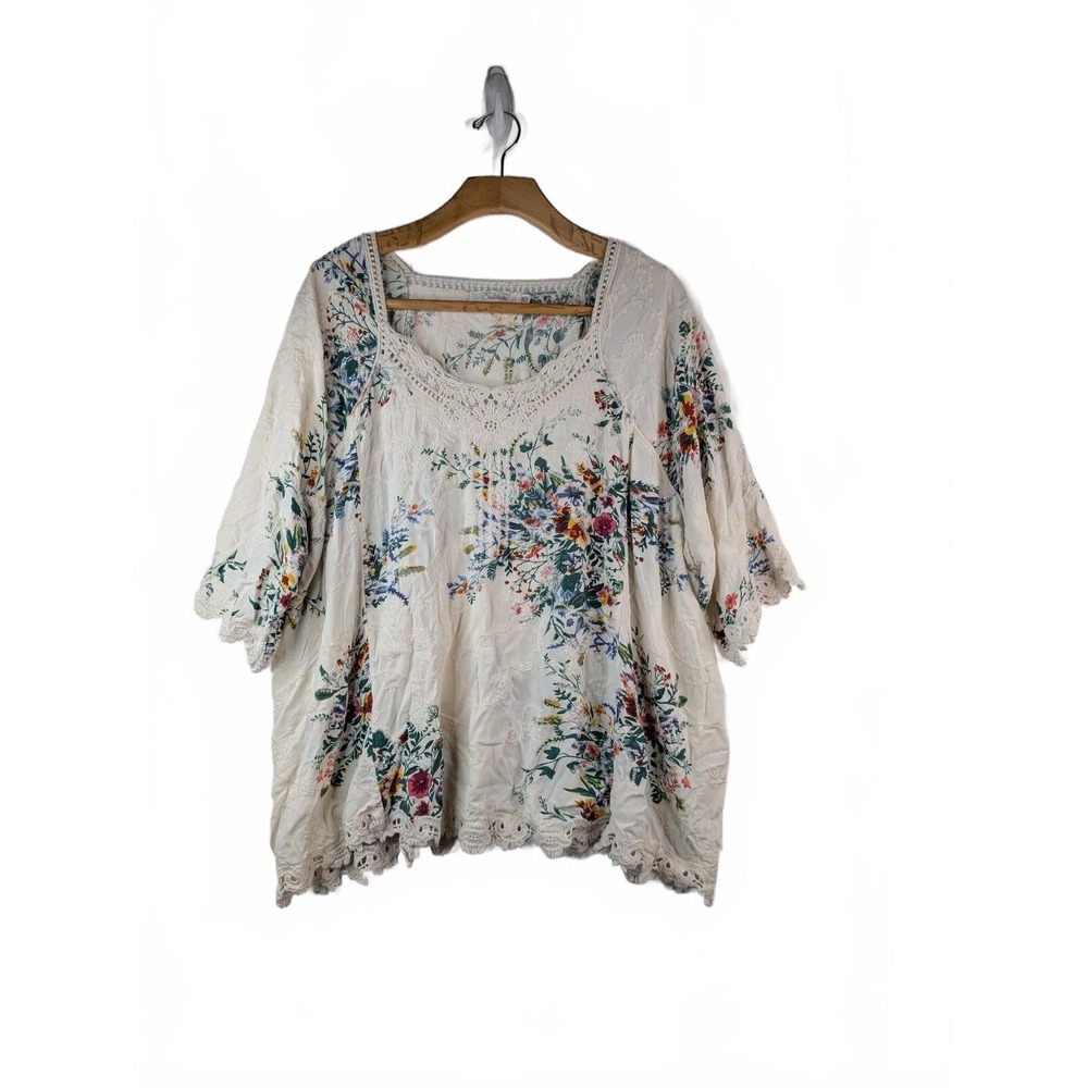 Solitaire boho floral embroidered lace trim blouse size 2X